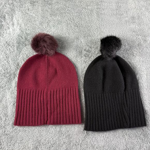 Henri Bendel Hat Beanie Womens One Size Burgundy Black Pom Pom Cashmere Gemstone - Picture 7 of 9